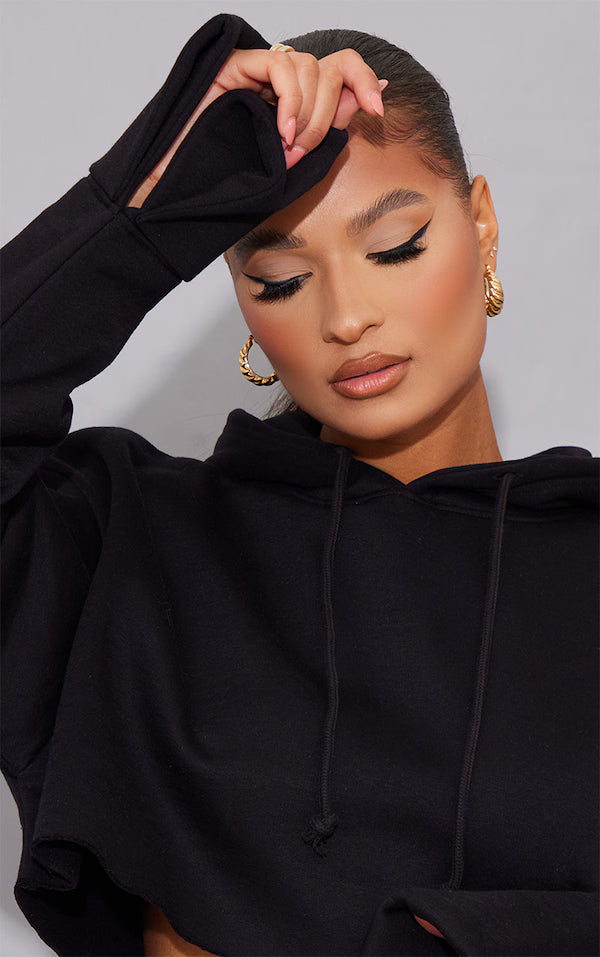 Black Oversized Turn Up Sleeve Hem Cropped Sweatshirt