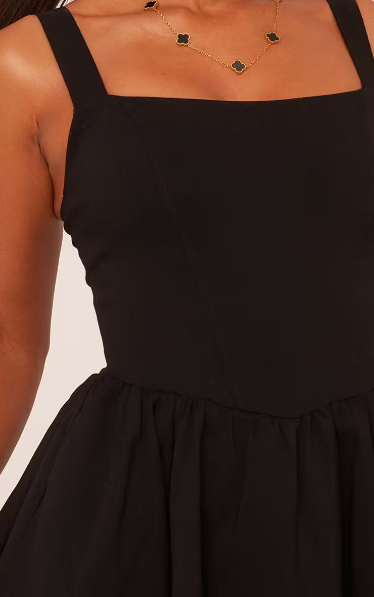 Ego - Square Neck Tiered Puffball Mini Dress In Black