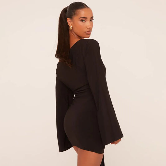 Long Flared Sleeve Drape Detail Mini Bodycon Dress In Black Slinky