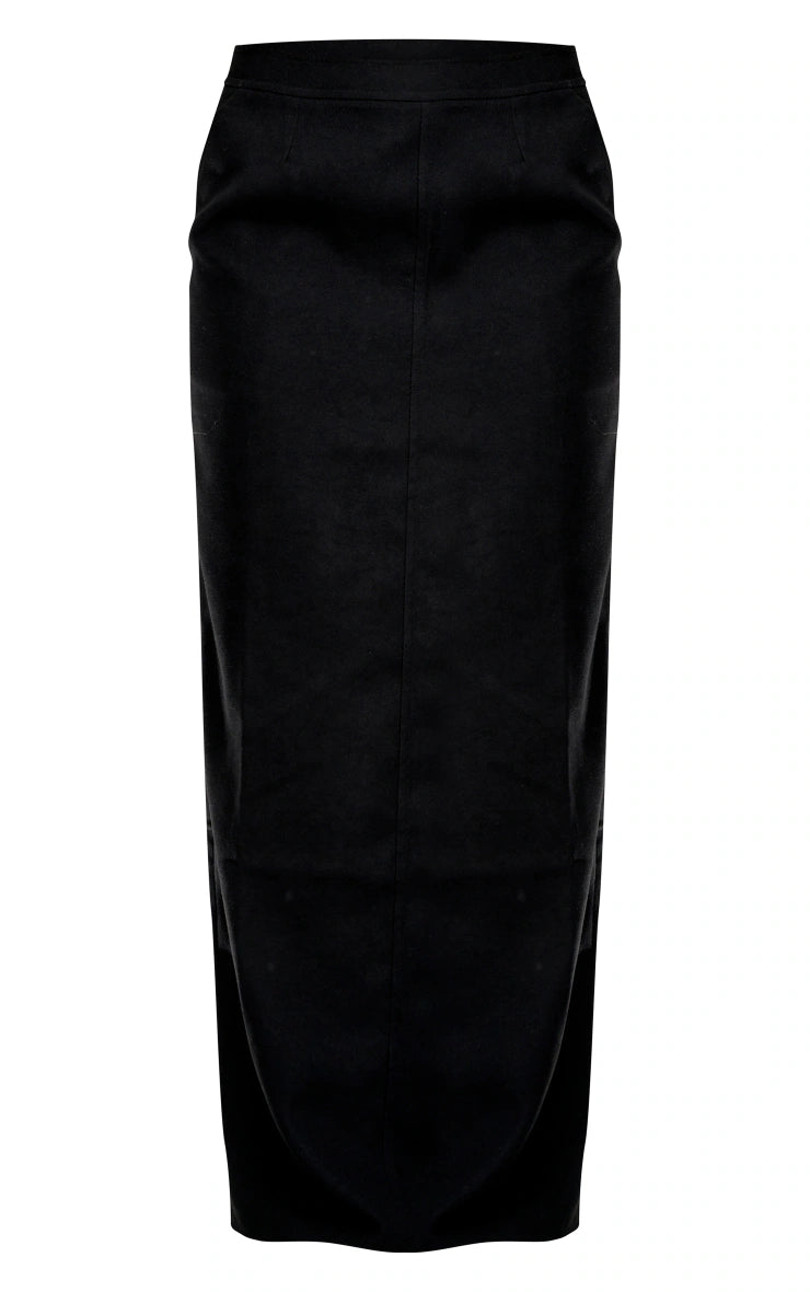 Black Soft Twill Blend Straight Maxi Skirt