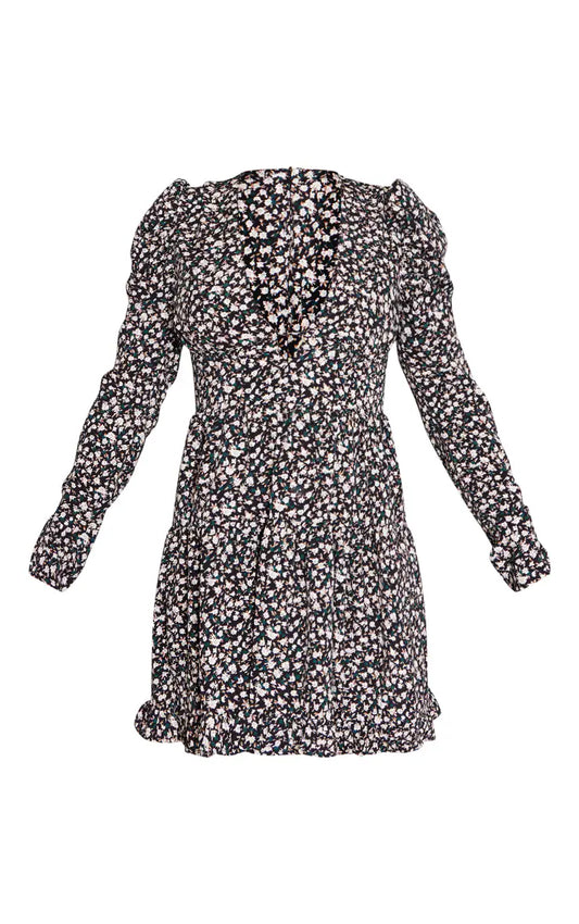 Black Floral Puff Sleeve Frill Hem Tea Dress