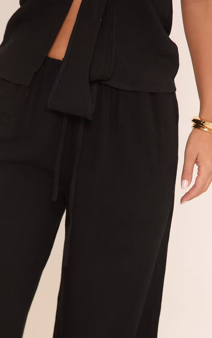 Ego - Mid Rise Elasticated Drawstring Waist Detail Wide Leg Trousers In Black Linen