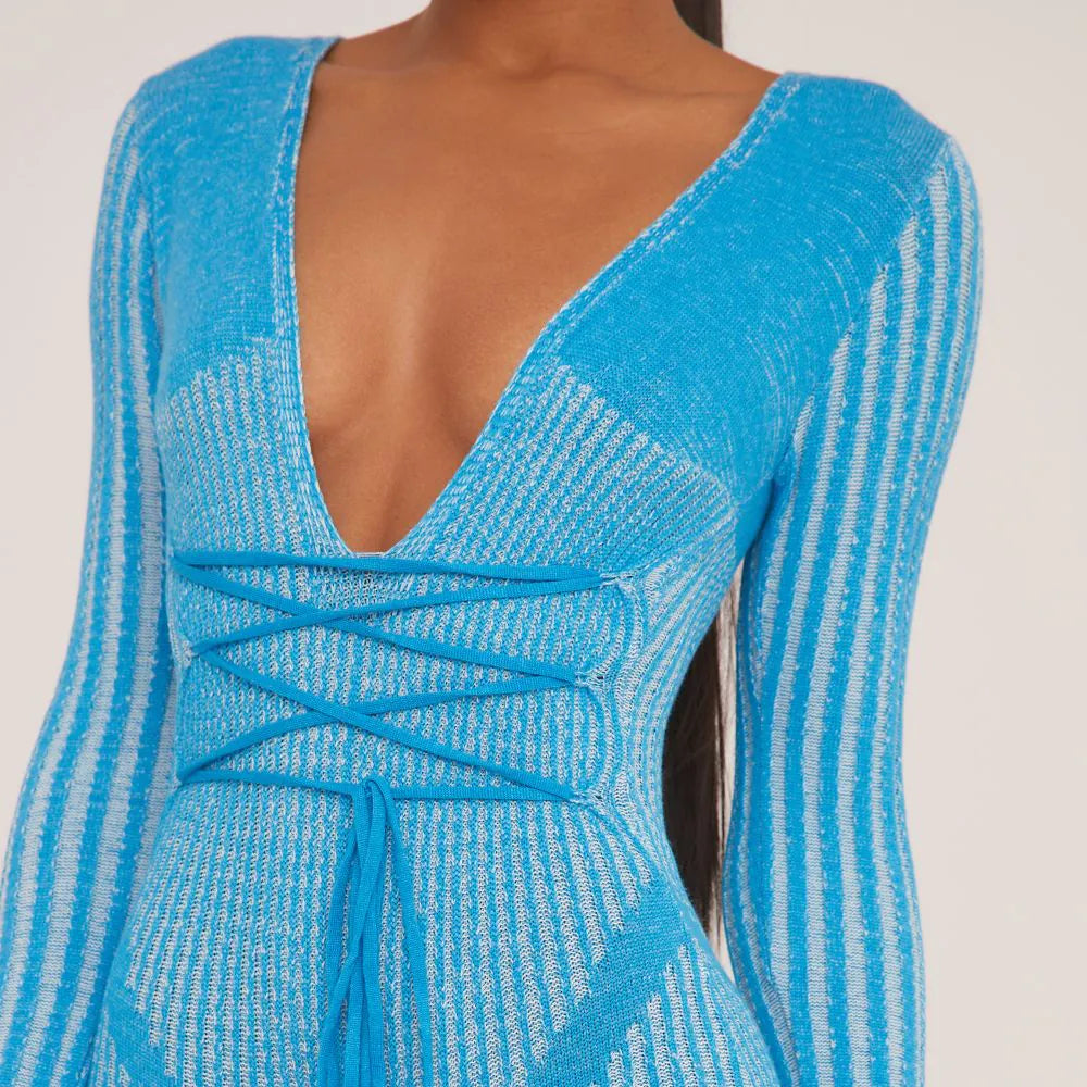 Long Sleeve Plunge Strappy Waist Playsuit In Contrast Bright Blue Knit