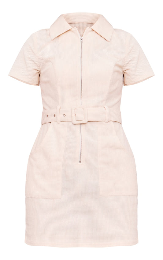 Cream Cord Zip Up Belted Bodycon Dress