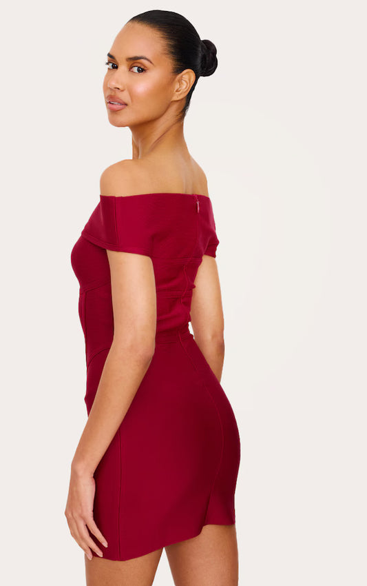 Burgundy Bandage Corset Detail Off The Shoulder Mini Dress