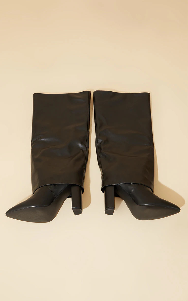 BLACK WIDE FIT PU POINTED FOLD OVER BLOCK HEEL KNEE BOOTS