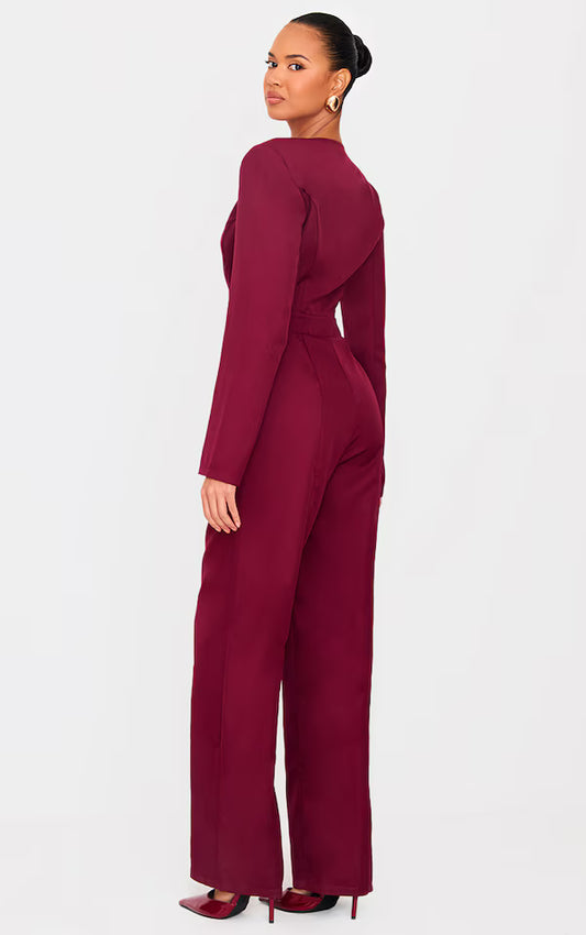 Burgundy Woven Plunge Long Sleeve Straight Leg Jumpsuit
