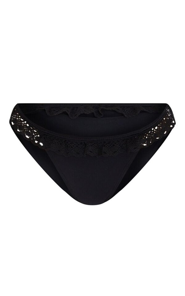Petite Black Broderie Anglaise Ruffle Tanga Bikini Bottoms