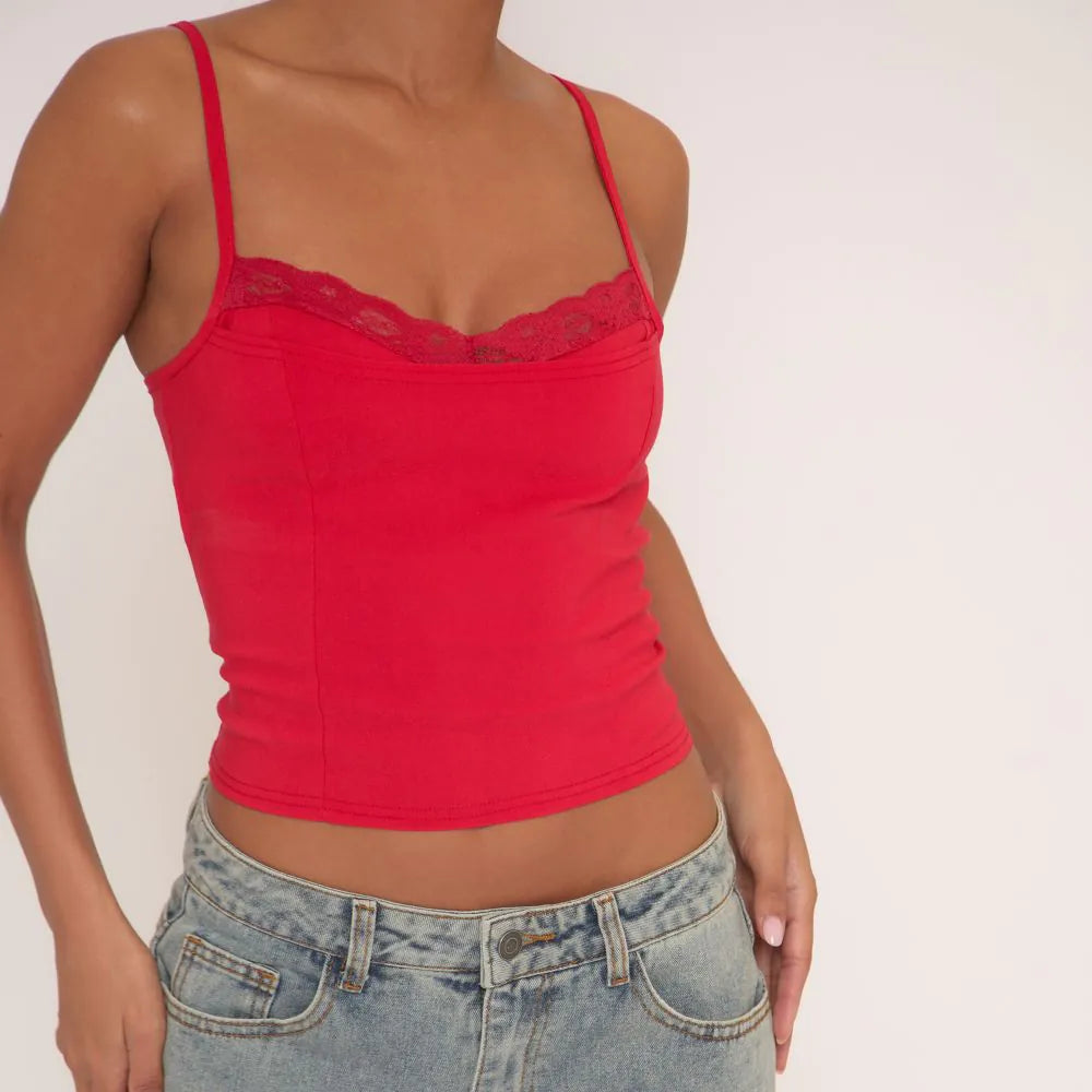 Lace Trim Strappy Bengaline Cami Top In Red