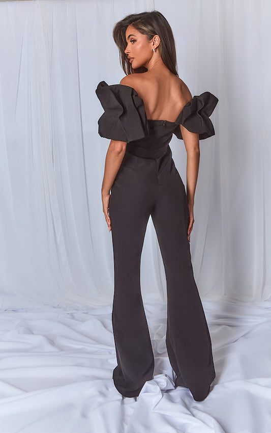 Black Woven Pleated Corset Detail Bardot Frill Jumpsuit.