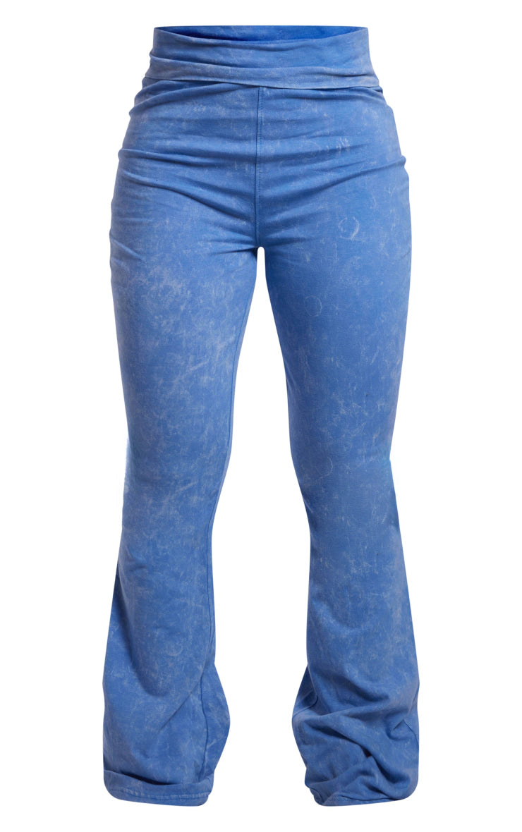 Blue Washed Cotton Fold Over Waist Flare Trousers