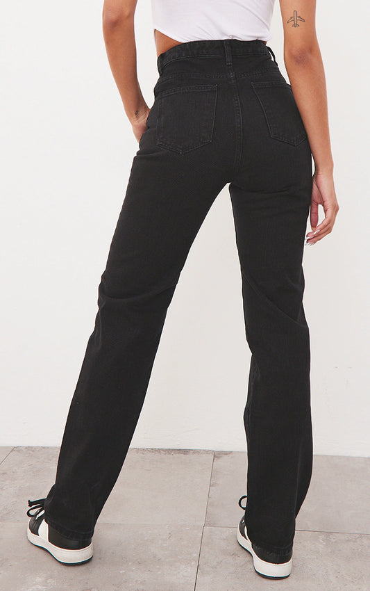 Washed Black High Waist Straight Leg Jeans