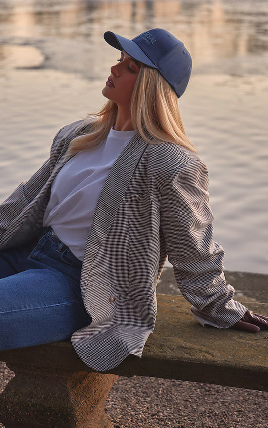 Brown Houndstooth Shoulder Padded Oversized Curved Hem Blazer