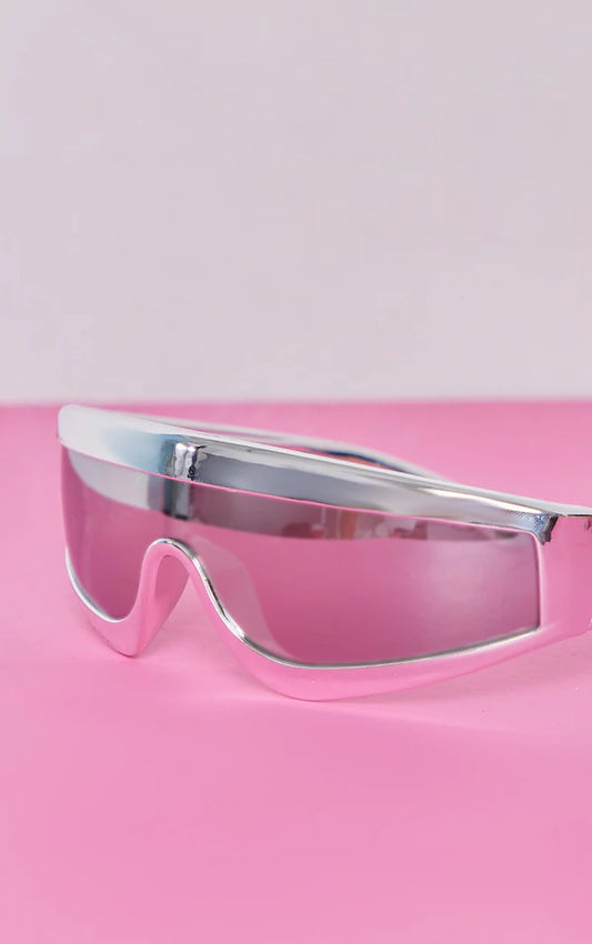 Silver Curved Metallic Frame Visor Sunglasses