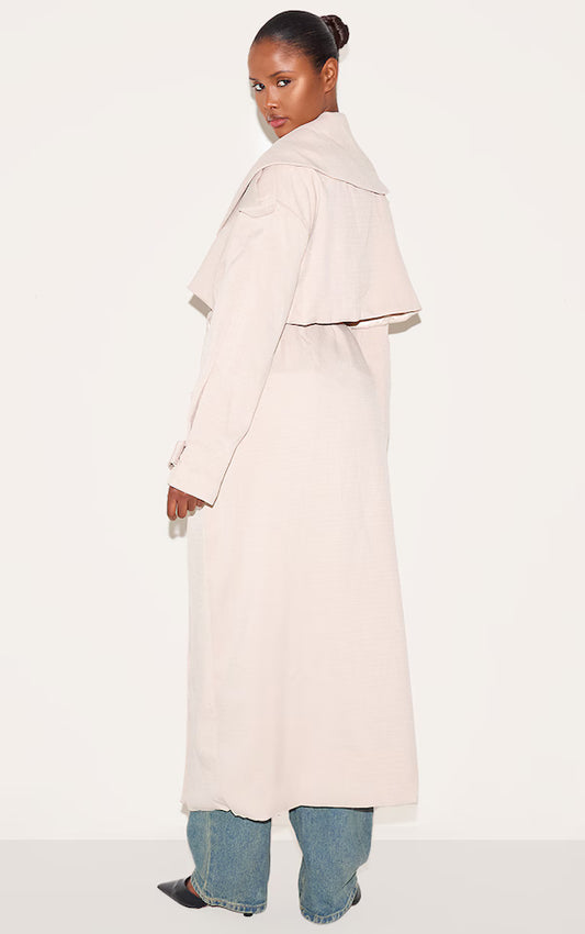 Plt - Ecru Textured Tie Detail Oversized Trench Coat