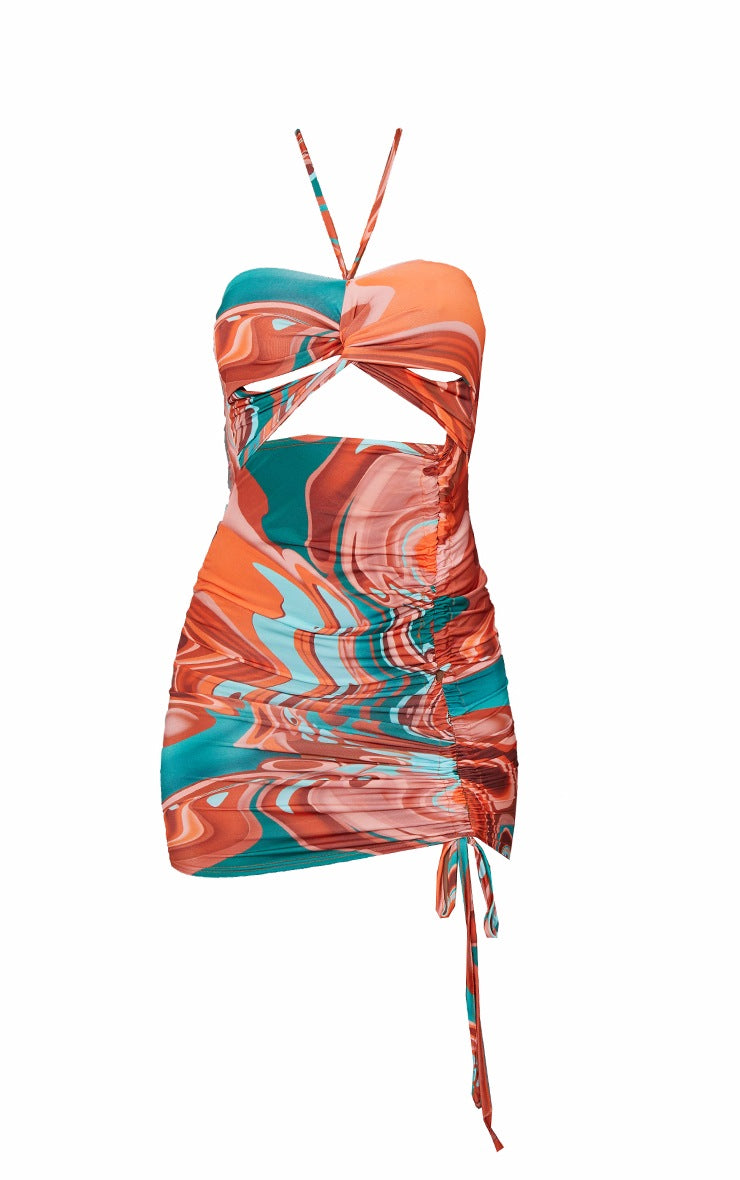 Multi Print Halterneck Ruched Bodycon Dress