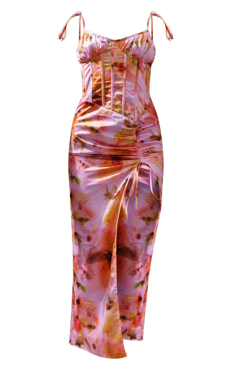 Pink Floral Print Corset Detail Strappy Midaxi Dress