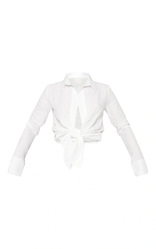 White Textured Tie Front Shirt