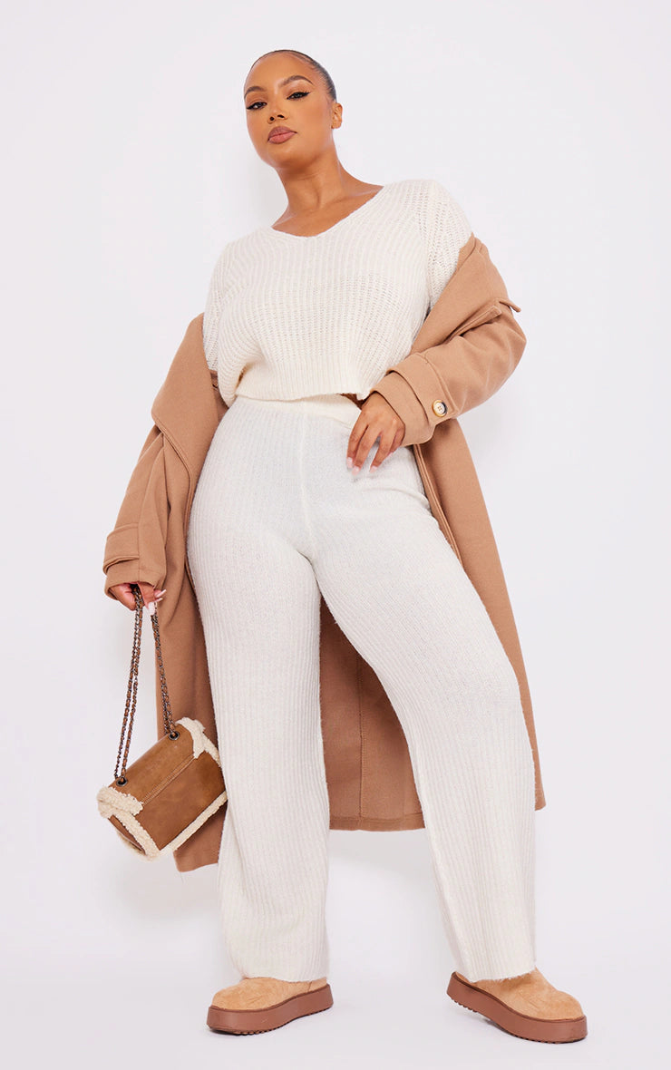 Plus Cream Soft Knit Wide Leg Pants