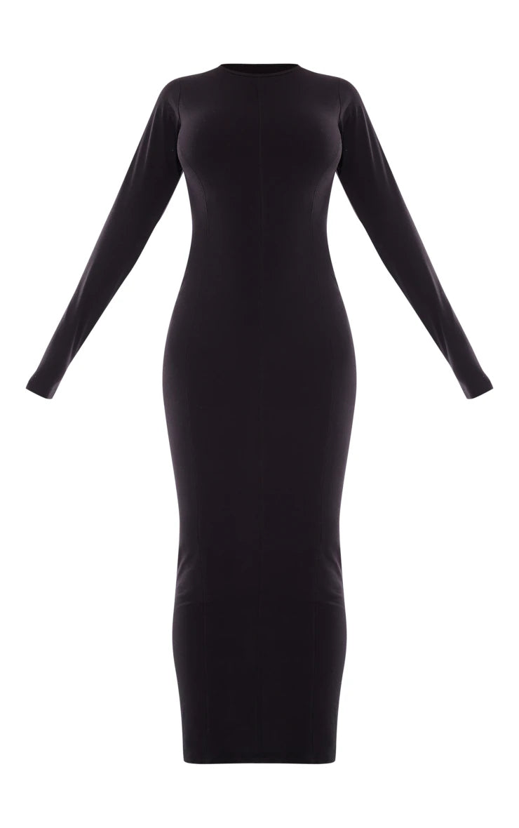 Black Cotton Contrast Seam Long Sleeve Maxi Dress
