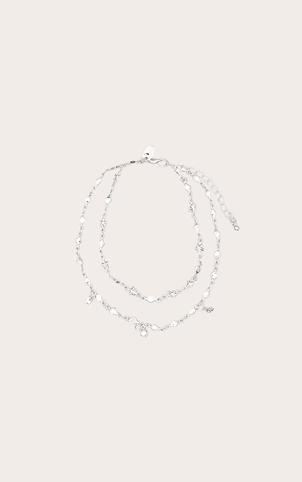 Silver Double Layer Stars And Diamante Chain Anklet