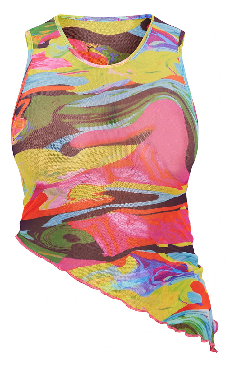 Shape Multi Swirl Print Sheer Mesh Asymmetric Top