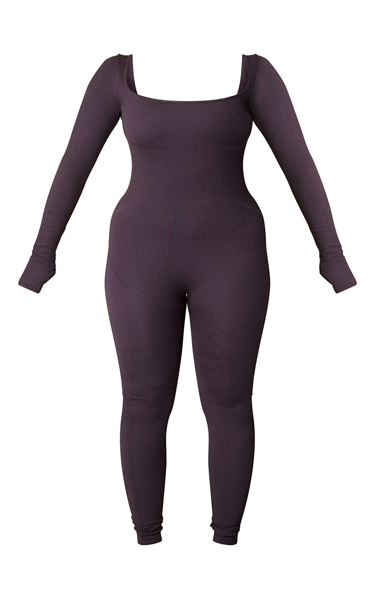 SHAPE DARK BROWN CONTOUR RIB SQUARE NECK THUMB HOLE JUMPSUIT