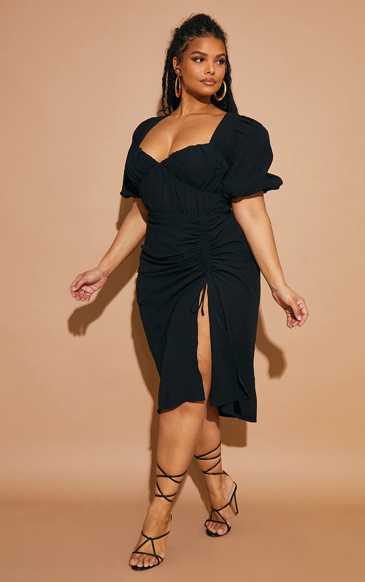Plus Black Puff Sleeve Ruched Side Split Midi Dress