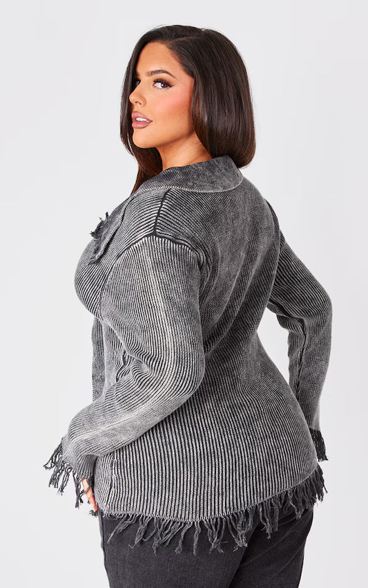 Plus Washed Grey Distressed Knit Split Hem Sweater