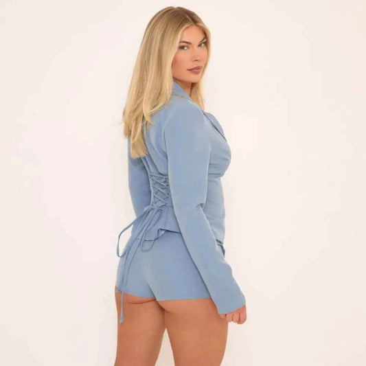 Ego - Long Sleeve Lace Up Back Cinched Waist Tailored Blazer In Blue