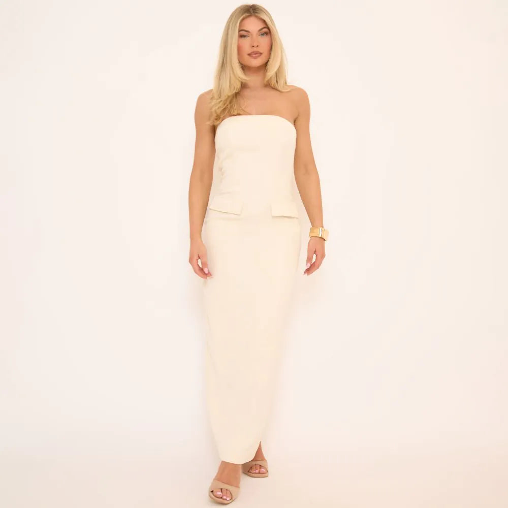 Bandeau Pocket Detail Maxi Dress In Cream