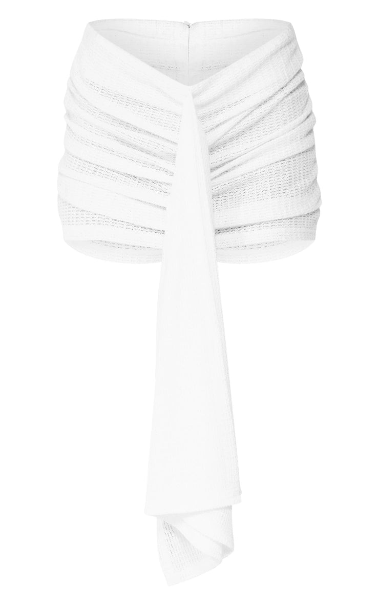 White Textured Rib Drape Front Ruched Mini Skirt