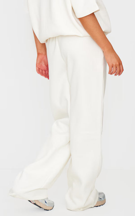 Cream Badge Detail Mid Rise Wide Leg Joggers