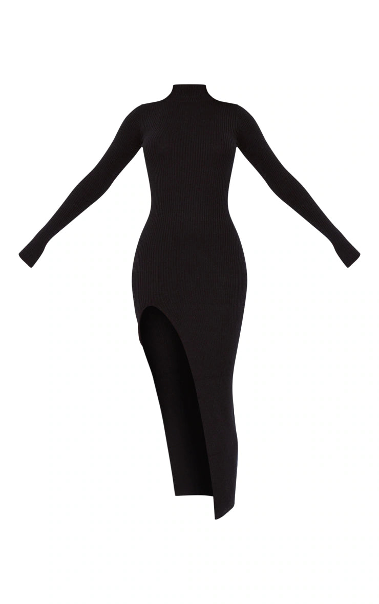 Tall Black Knitted Ribbed Side Split Maxi Dress