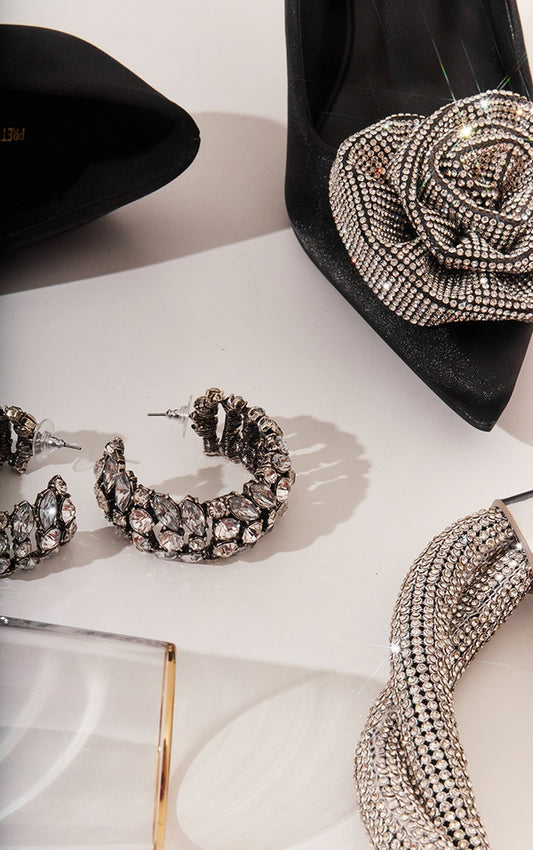 Silver Chunky Diamante Statement Hoop Earrings