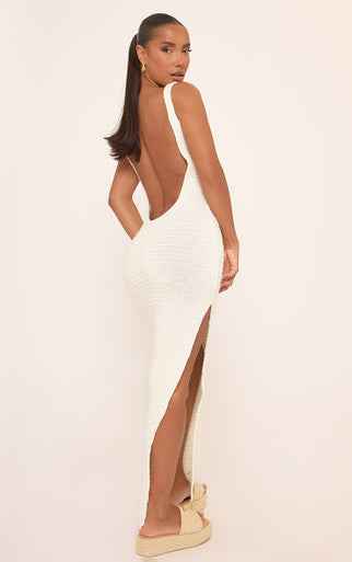 Ego - Sleeveless Extreme Scoop Back Split Leg Maxi Dress In Cream Crochet Knit