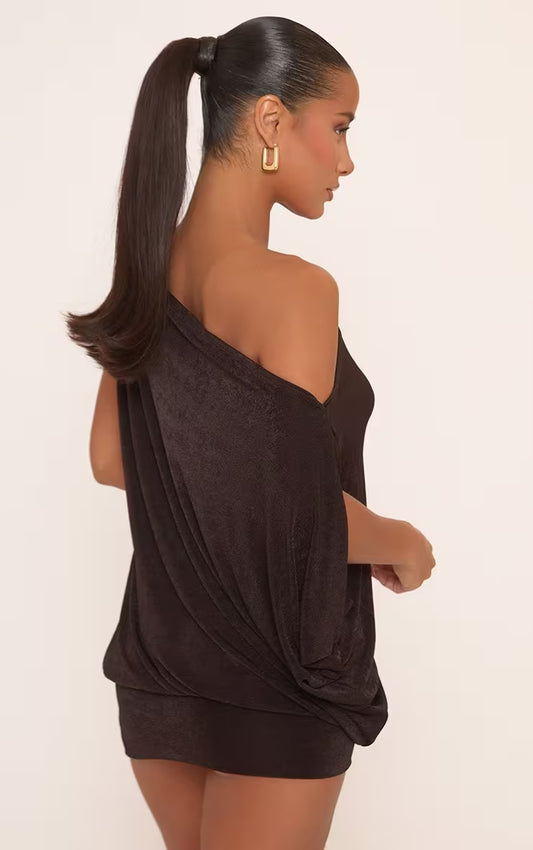 Ego - Off The Shoulder Draped Asymmetric Mini Dress In Brown