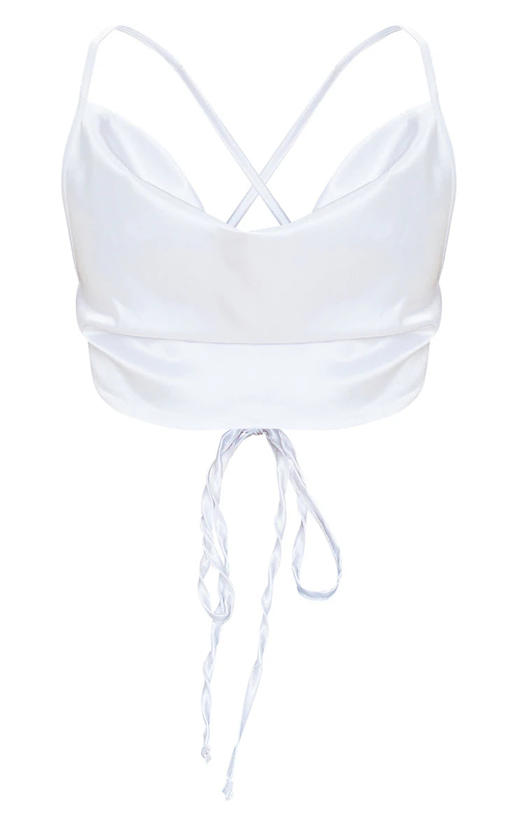 White Satin Cowl Neck Strappy Back Crop Top