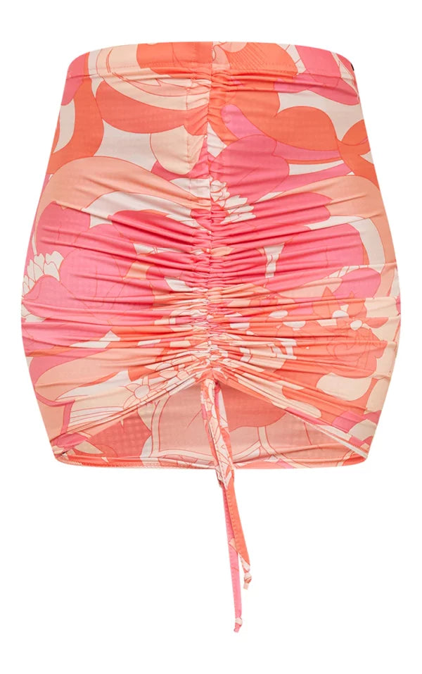 Pink Floral Ruched Front Mini Skirt