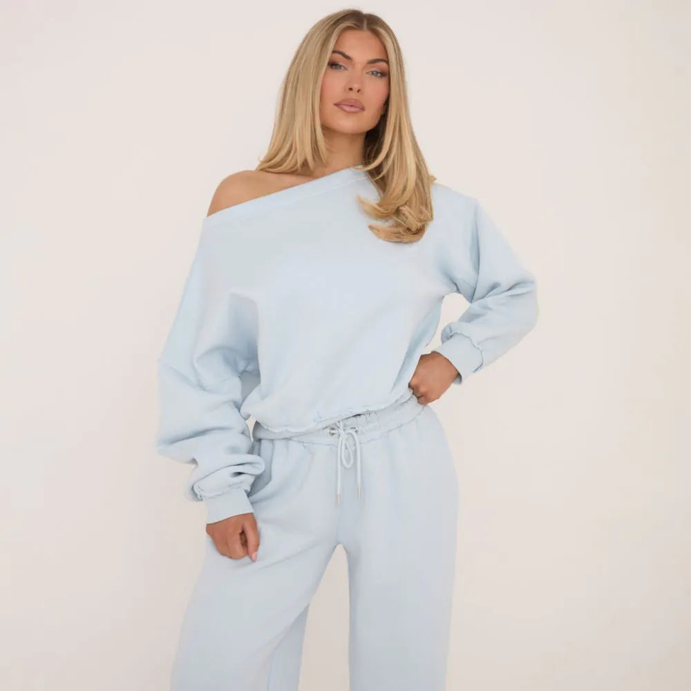 Long Sleeve Off The Shoulder Oversized Jumper In Baby Blue