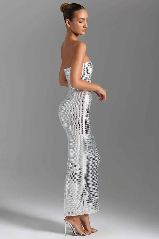 OhPolly - Embellished Strapless Bandeau Maxi Dress in White