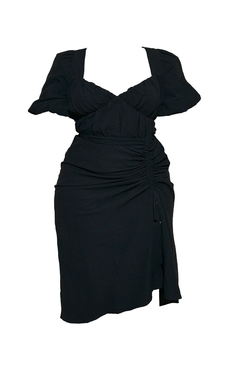Plus Black Puff Sleeve Ruched Side Split Midi Dress