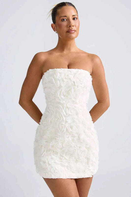 OhPolly-Floral-Appliqué Bandeau A-Line Mini Dress in White