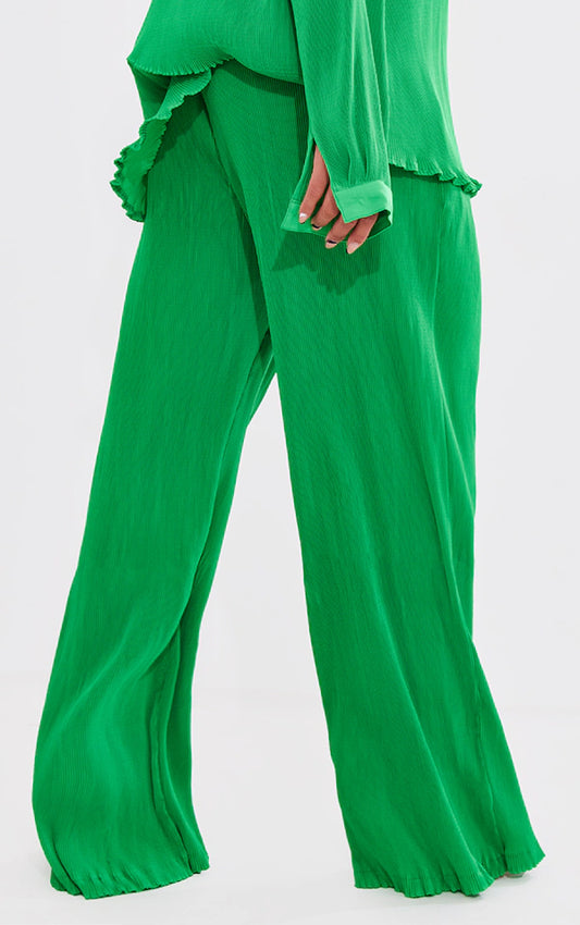 Bright Green Plisse High Waisted Wide Leg Pants