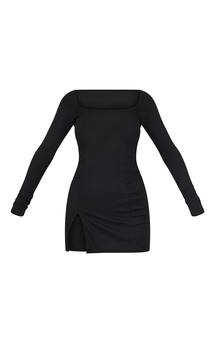 BLACK RIB SPLIT HEM SQUARE NECK LONG SLEEVE BODYCON DRESS