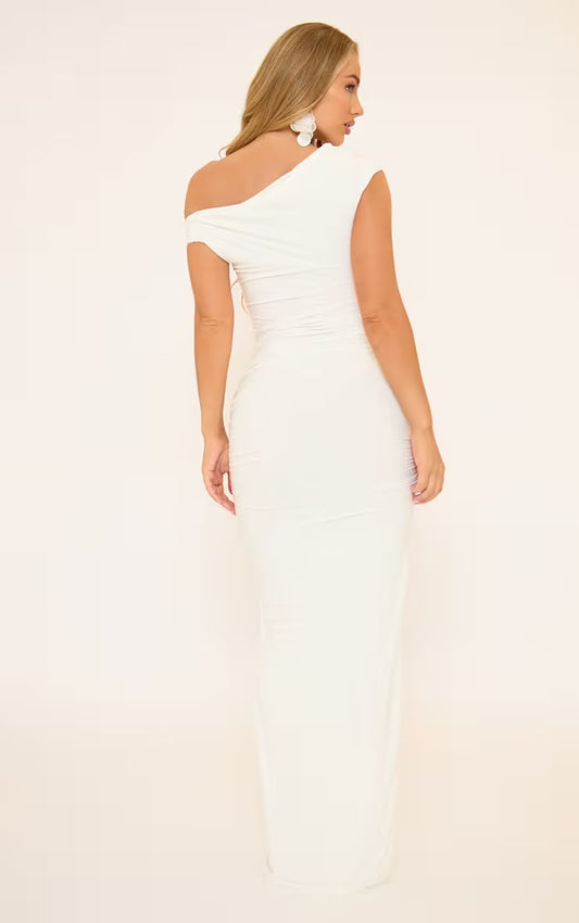 Ego - Asymmetric One Shoulder Ruched Detail Maxi Dress In White Slinky