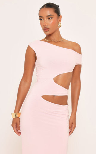 Ego - Asymmetric One Shoulder Cut Out Maxi Dress In Pink Slinky