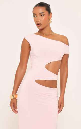 Ego - Asymmetric One Shoulder Cut Out Maxi Dress In Pink Slinky