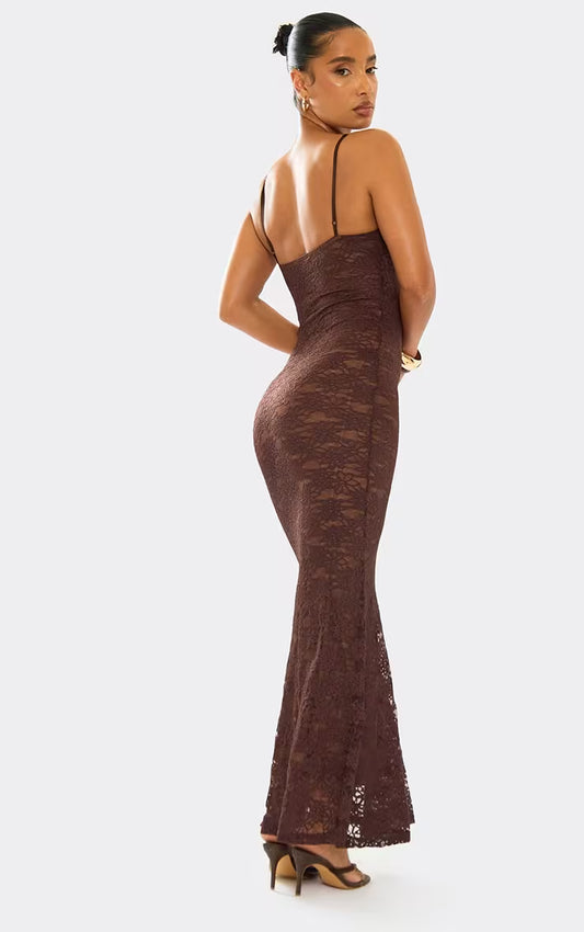 Ego - Strappy Cupped Detail Maxi Dress In Brown Lace
