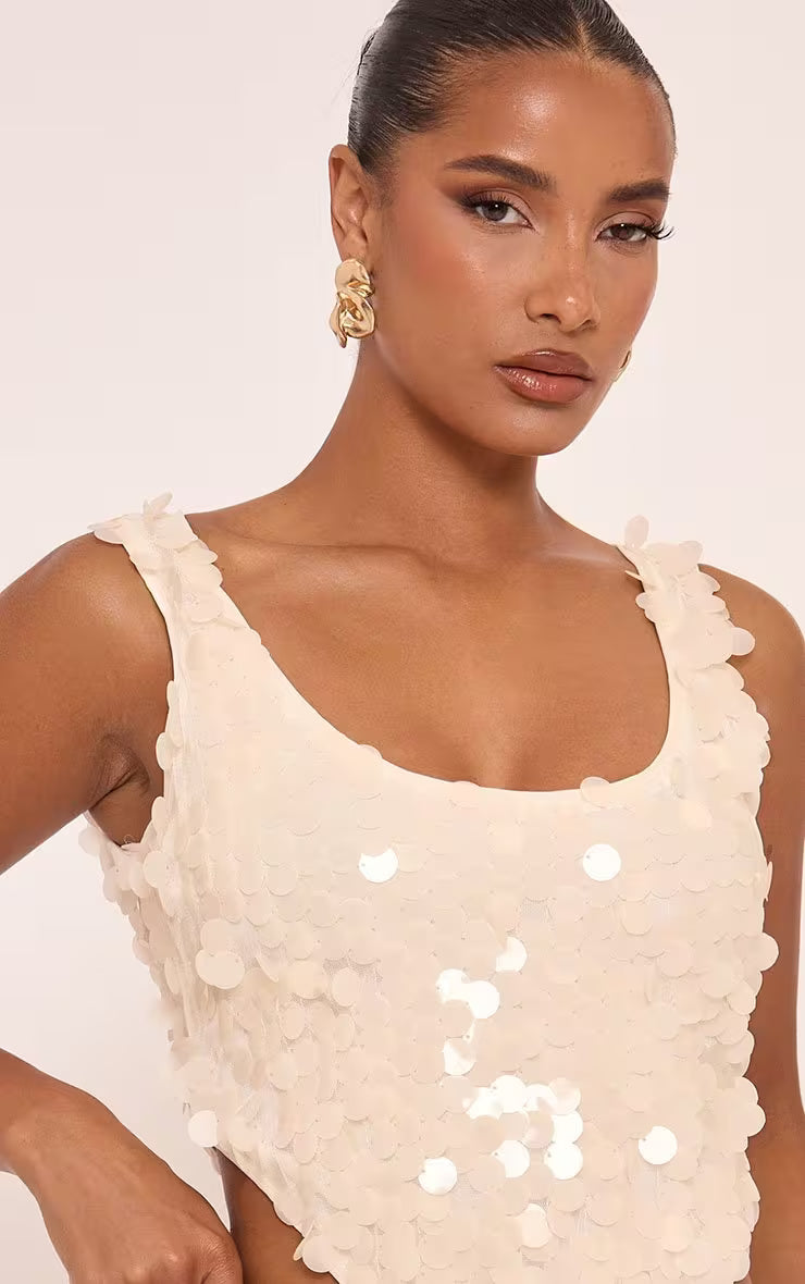 Ego - Halterneck Sequin Detail Pointed Hem Top In Cream